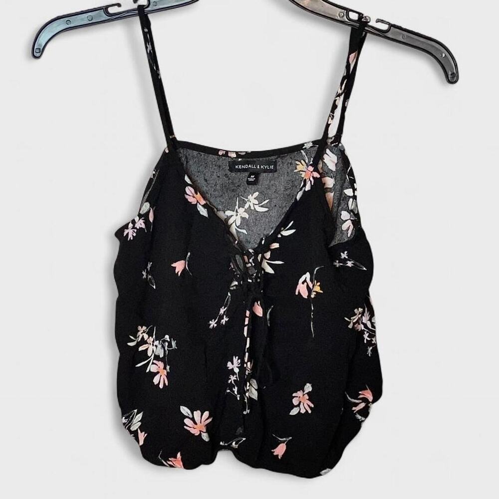 Kendall & Kylie Black Floral Drawstring Whimsical Cropped Tank Top - Size M